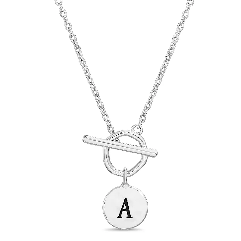 Best necklaces and pendants with gemstone clusters for a bold and colorful effect-Rae Dunn initial disc toggle lock rolo chain necklace in rhodium plated brass