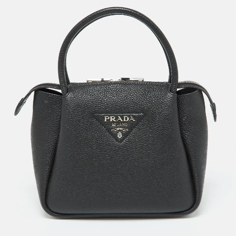 Handle bags with monogram designs for personalization -Prada Black Vitello Leather Daino Top Zip Satchel