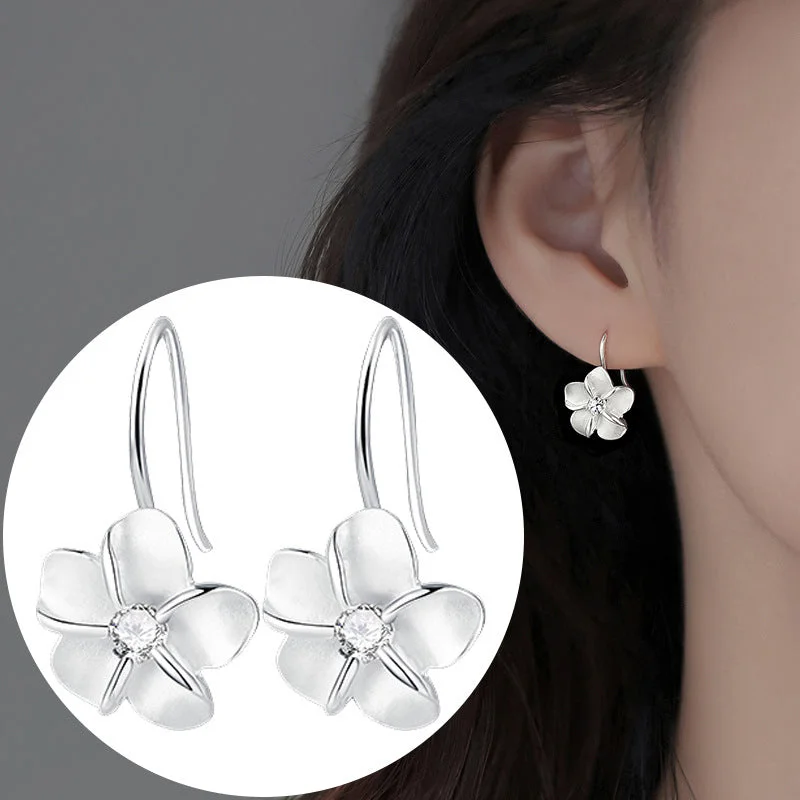 Short Drop Earrings for Subtle -Wholesale Korean pure silver diamond inlaid flower earrings