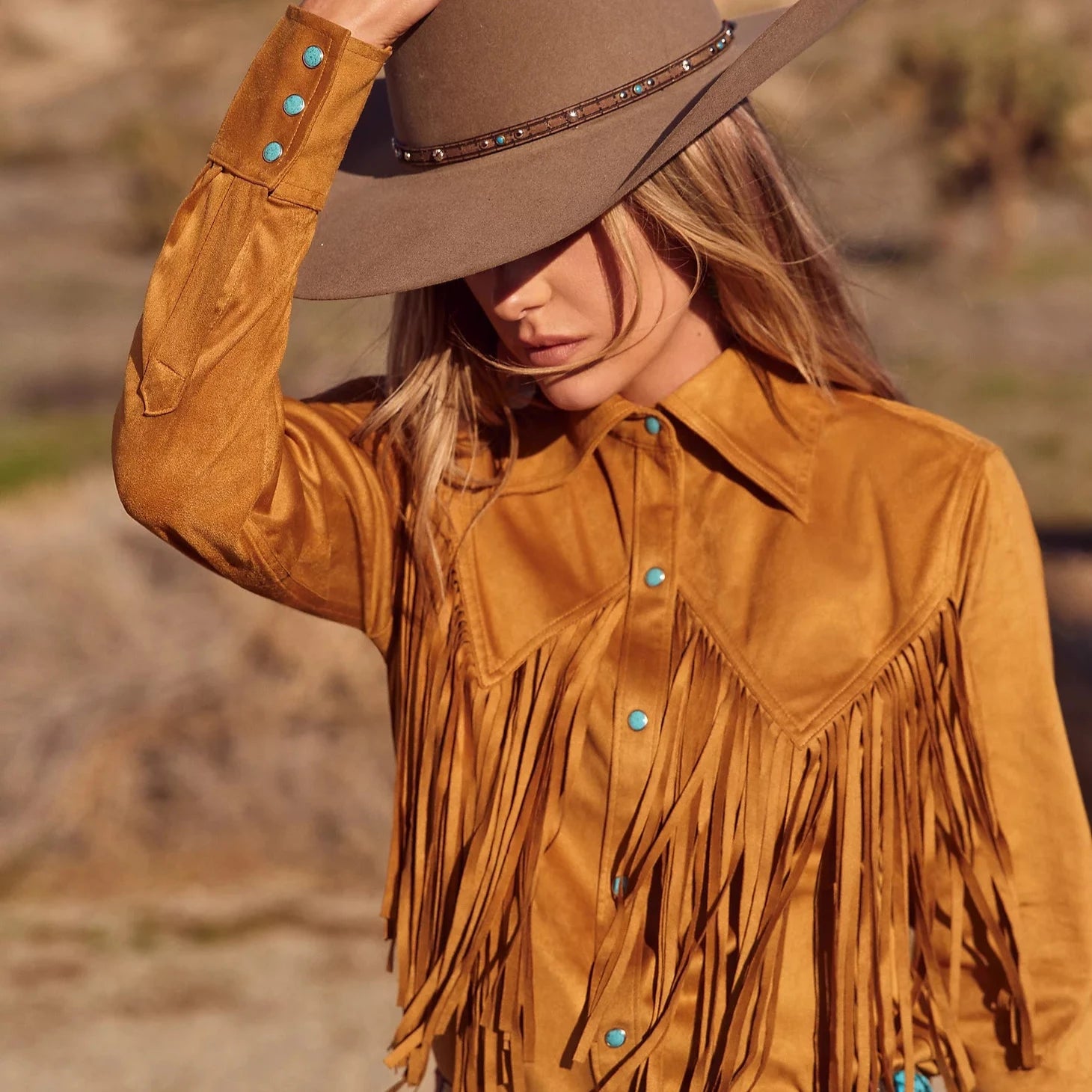 Petite Blouses for Small -Wrangler x Lainey Wilson Fringe Snap Shirt in Bone Brown