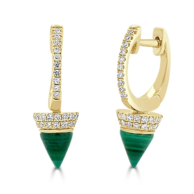 Bohemian Drop Earrings with Tassels -Joelle Collection Dangle Malachite Green & Diamond Earrings 14K Gold