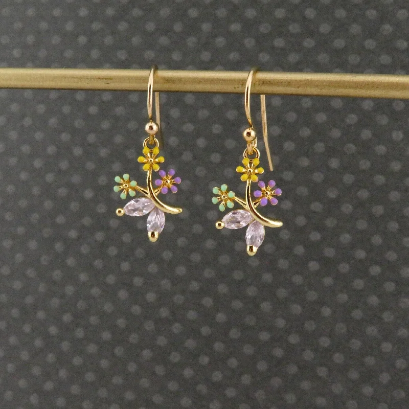 Floral Drop Earrings with Petals -Flower Bouquet Earrings - Gold