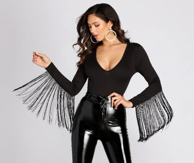 Tight peplum top for women with flared detail and sleek fit-Stevie Fringe Long Sleeve Bodysuit