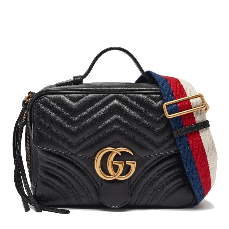 Handle bags with neutral tones for versatility -Gucci Black Matelassé Leather Gg Marmont Top Handle Bag