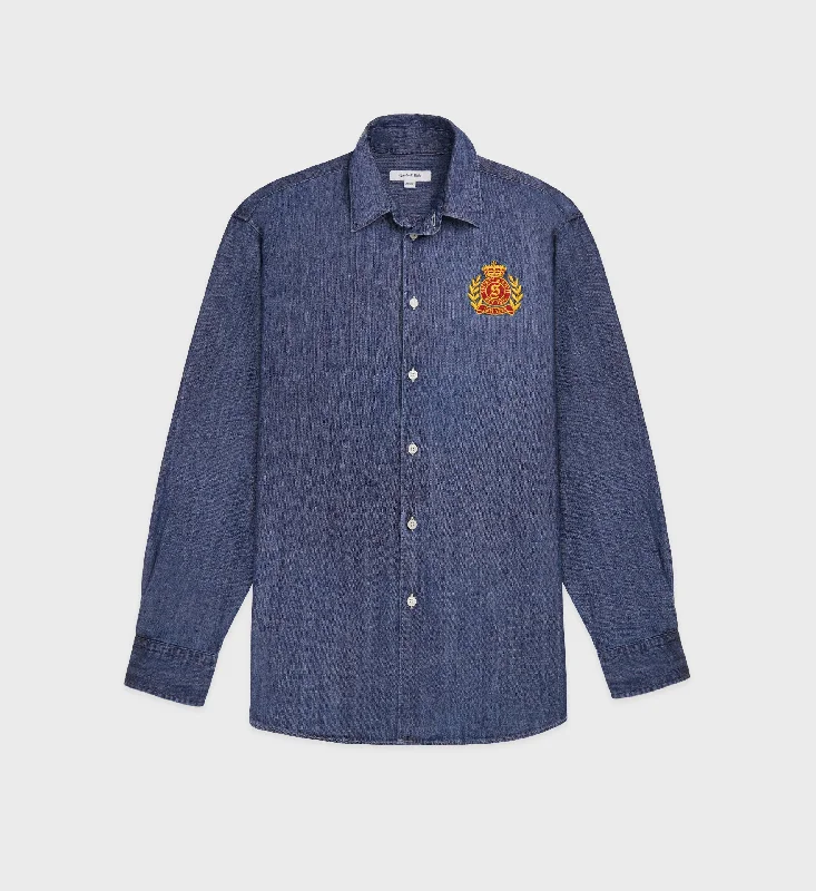 Long Sleeve Blouses for Coverage -NY Crest Oversized Denim Shirt - Blue Denim