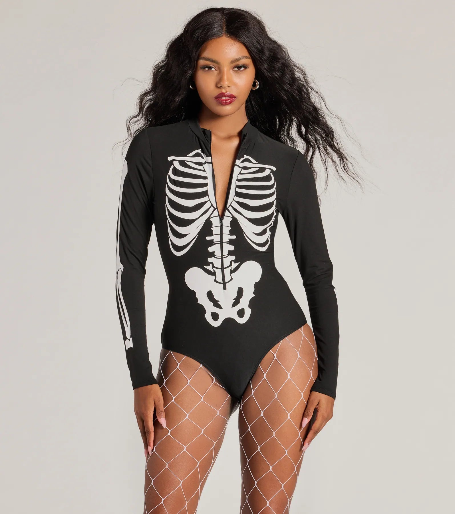 Ribbed tight top for women with textured fabric and body-shaping fit-Glam Ghoul Skeleton Print Bodysuit