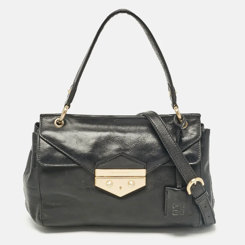 Handle bags with geometric patterns for modernity -Givenchy Black Leather Pushlock Flap Top Handle Bag