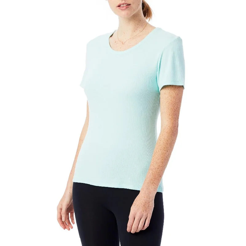 Striped Blouses for Fashionable -Mia Slinky Rib Crew T-Shirt (Light Aqua)