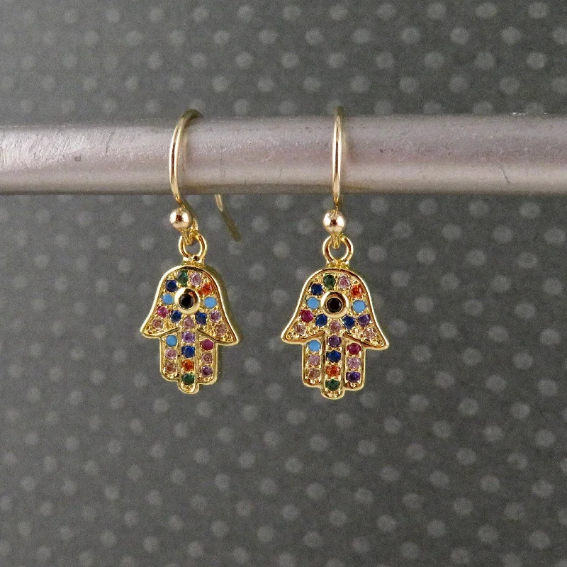 Drop Earrings for Party Look -Colorful Gold Hamsa Earrings