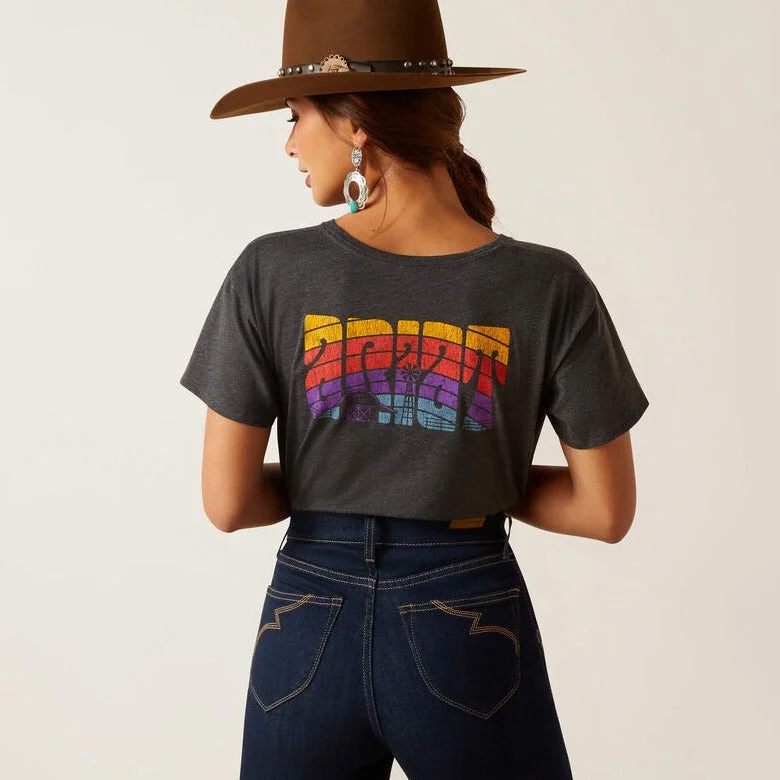 High Neck Blouses for Modest -Ariat Women's Groovy Sunset T-shirt in Charcoal Heather