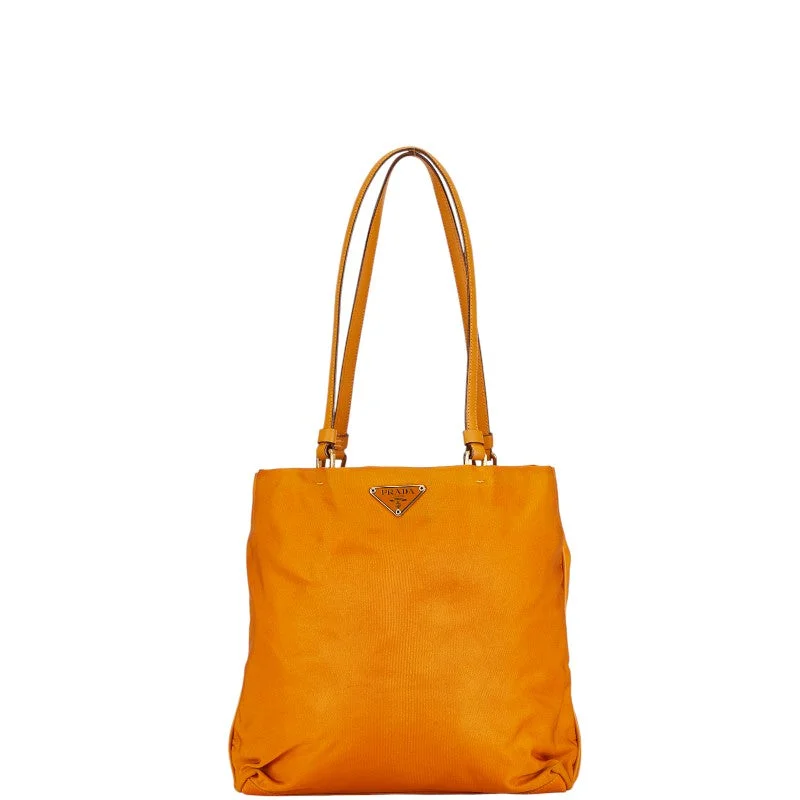 Handle bags with eco-friendly bamboo handles -Prada Nylon Leather Triangle Logo Tote Bag