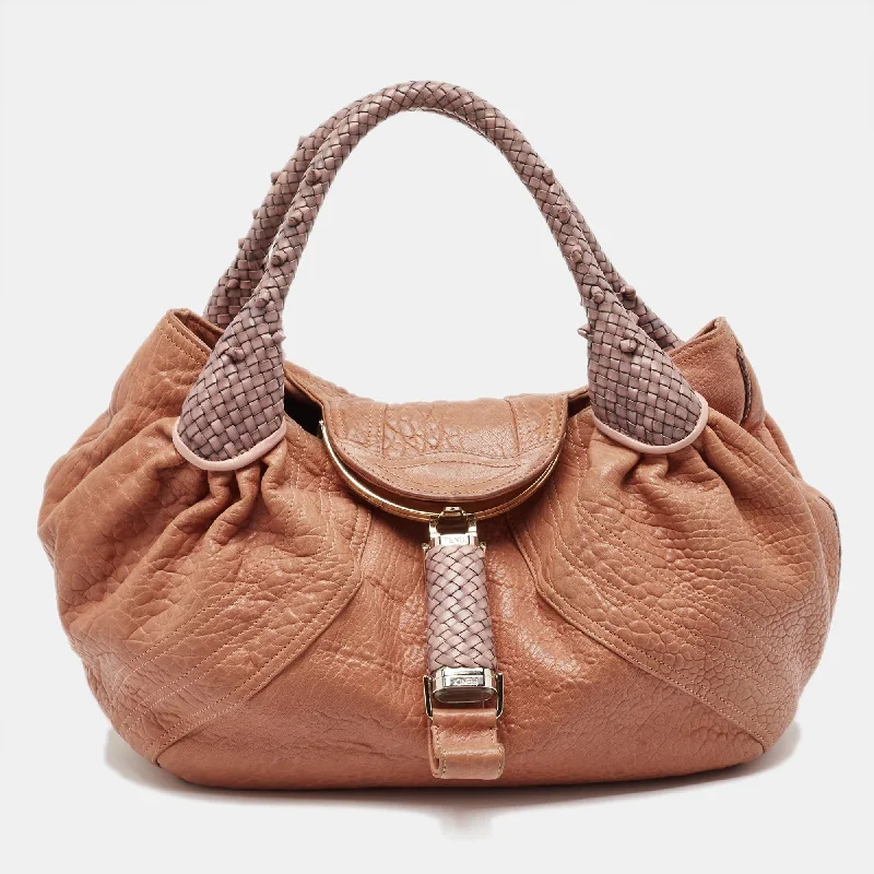 Handle bags with spacious pockets for travel -Fendi Peach Textured Leather Spy Hobo