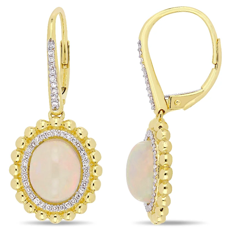 Lead Free Drop Earrings for Health -4 CT TGW Oval-Cut Ethiopian Opal and 1/4 CT TW Diamond Leverback Earrings in 14K Yellow Gold