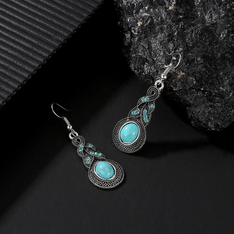 Silver Drop Earrings for Men -Wholesale Vintage-patterned Sapphire Crystal Inlaid Turquoise Bohemian Earrings