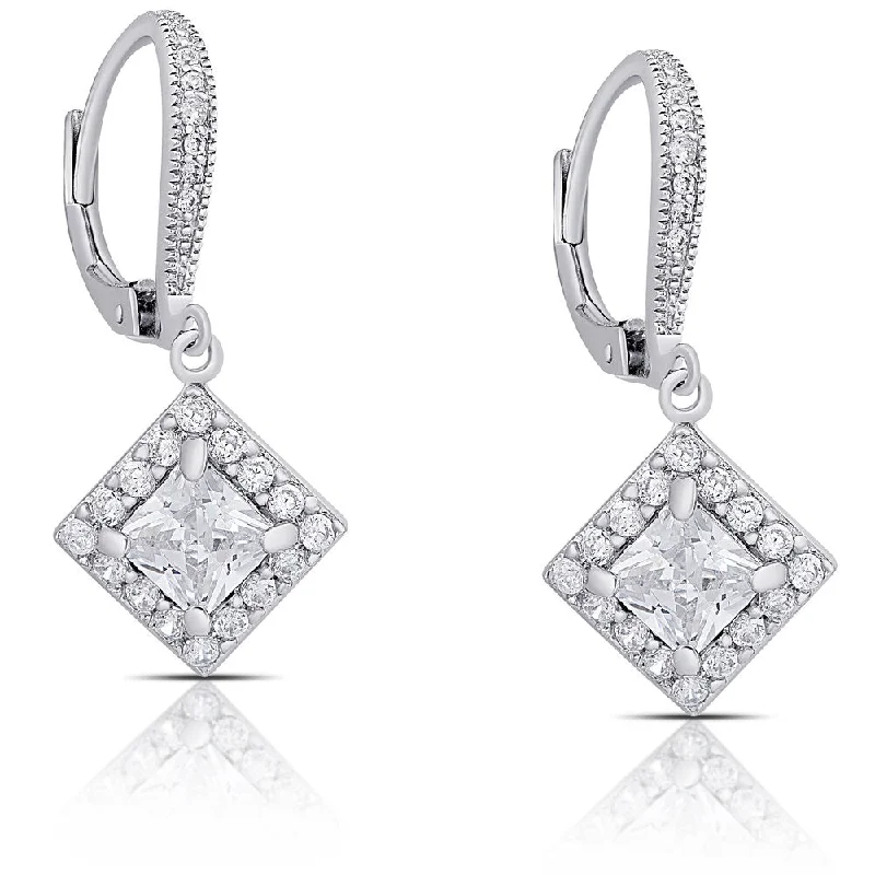 Silver Drop Earrings for Men -Dolce Giavonna Sterling Silver Cubic Zirconia Diamond-Shaped Dangle Earrings