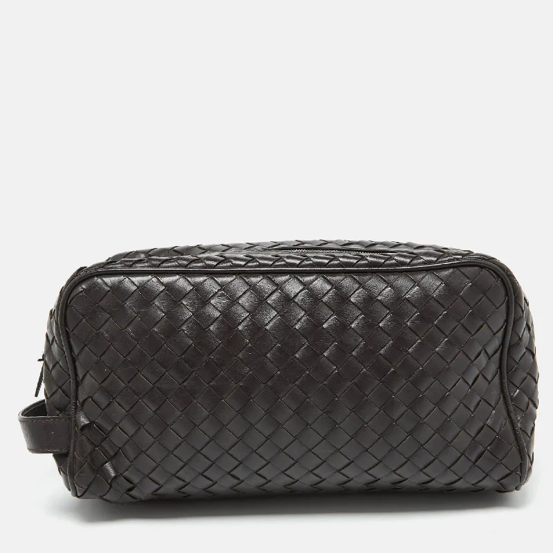 Handle bags with subtle embroidery for detail -Bottega Veneta Dark Brown Intrecciato Leather Travel Pouch