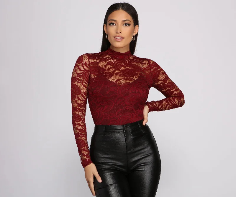 Comfortable long-sleeve tight top for women with body-shaping design-Glam It Up Lace Lattice Back Bodysuit