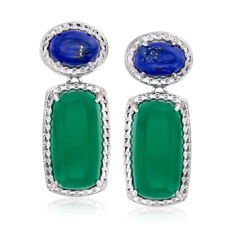 Drop Earrings with Keyhole Designs -Ross-Simons Lapis and Green Chalcedony Drop Earrings in Sterling Silver