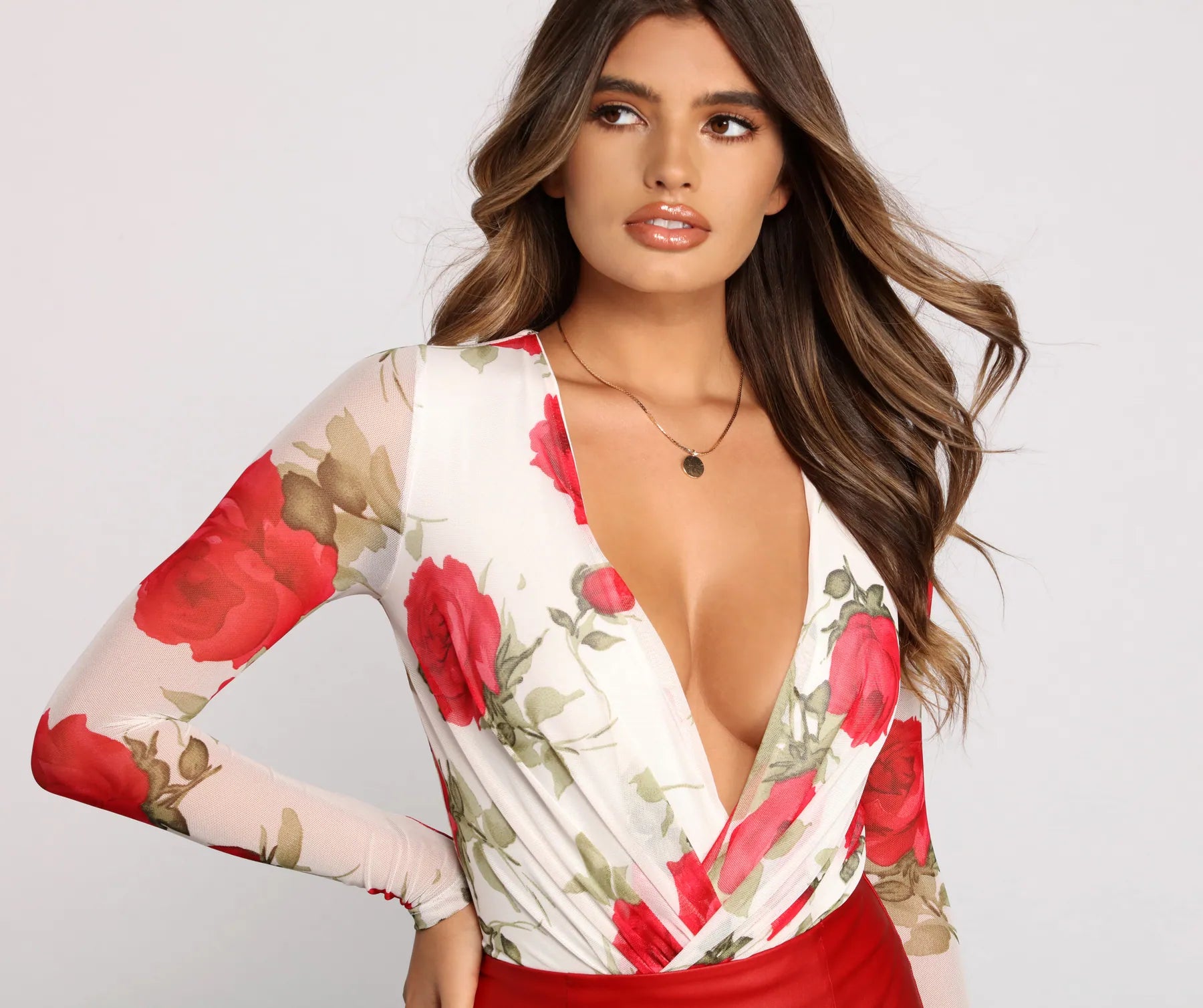 Modern tight top for women with high neck and fitted shape-Floral Passion Surplice Mesh Bodysuit