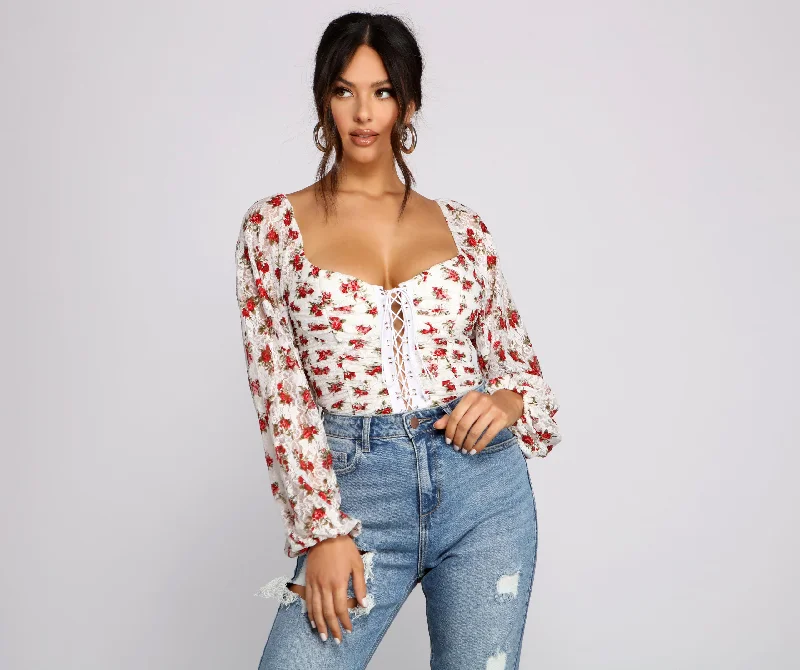 Chic tight blouse for women with pleated detailing and modern fit-Lace and Love Floral Bodysuit