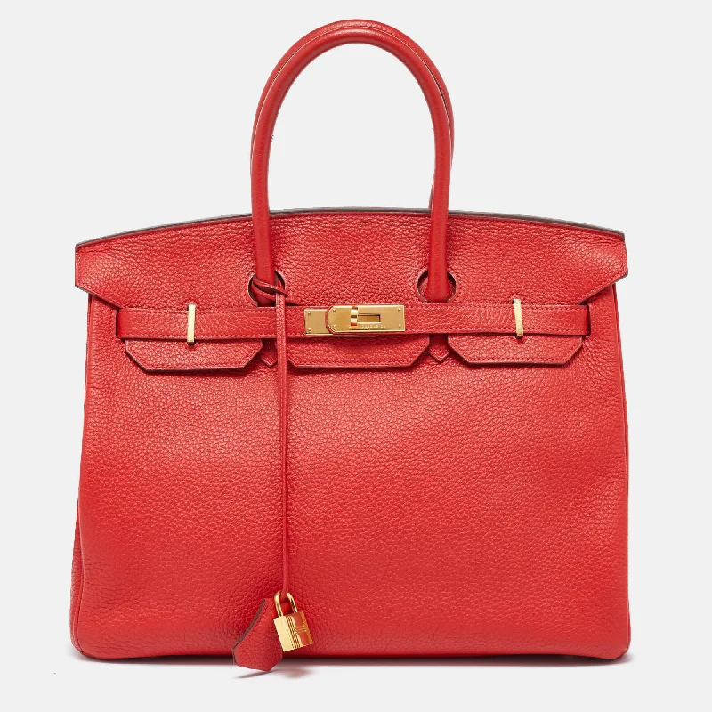 Handle bags with playful pom-poms for charm -Hermes Rouge Casaque Togo Leather Gold Finish Birkin 35 Bag