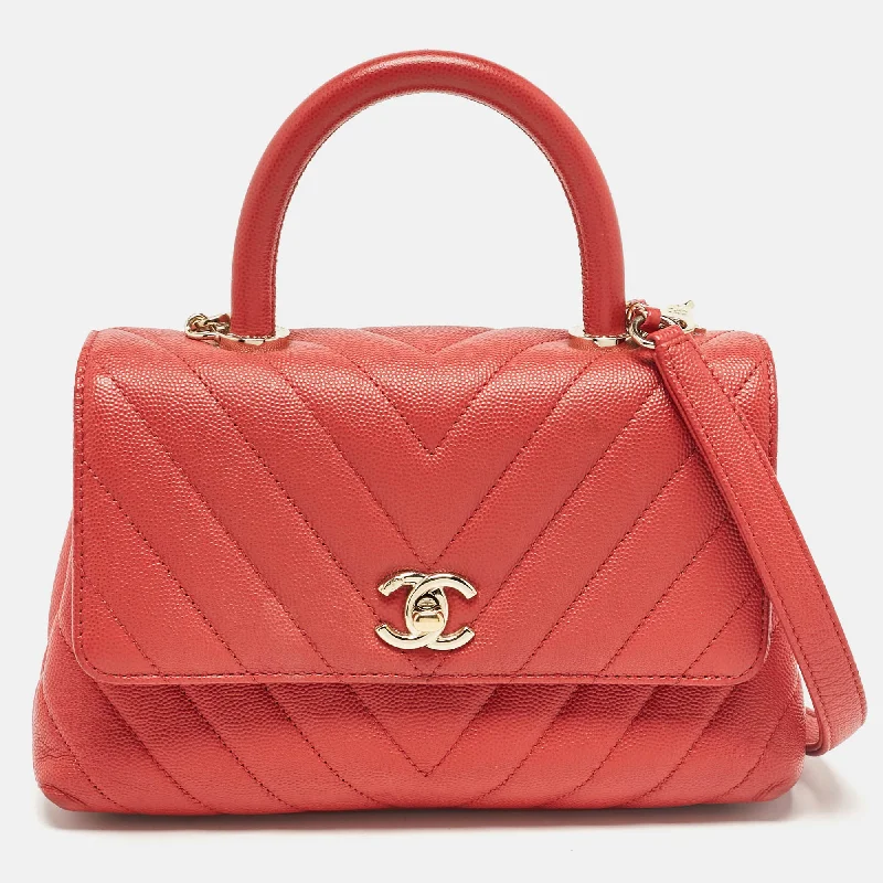 Vegan leather handle bags for eco-friendly chic -Chanel Brick Red Caviar Leather Mini Coco Top Handle Bag