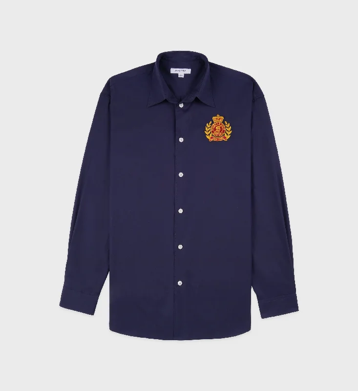 Short Sleeve Blouses for Summer -NY Crest Oversized Shirt - Navy/Gold