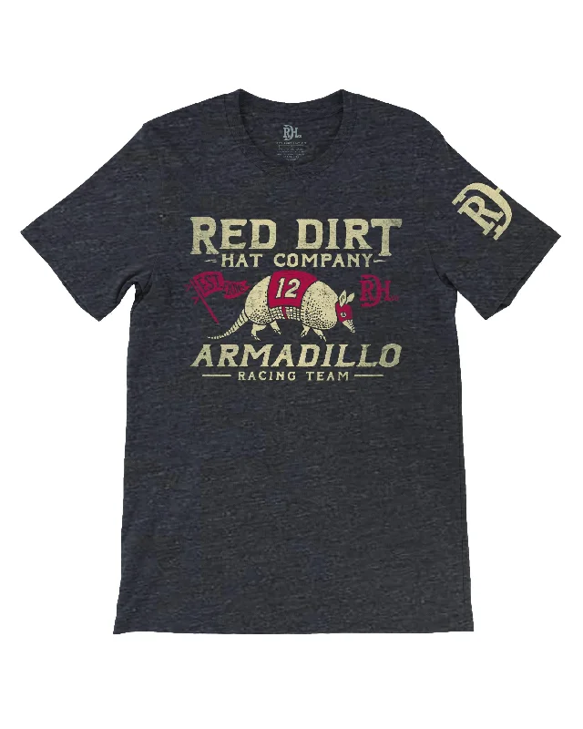 Lead Free Blouses for Health -Red Dirt Hat Co. "Dillo Racing Flag" T-Shirt in Heather Black