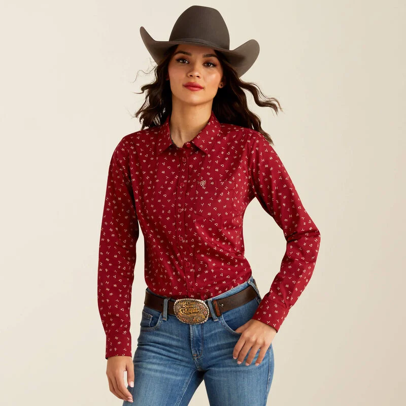 Office Blouses for Professional -Ariat Women's Kirby Stretch L/S Western Button Down Shirt in Red Cattle Brand (Available in Plus Sizes)