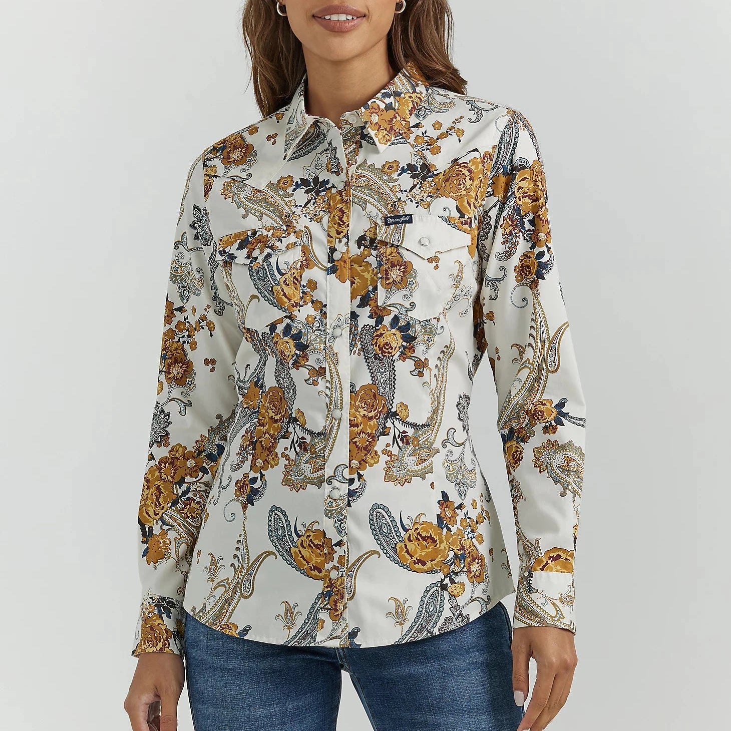 Checkered Shirts for Trend -Wrangler Retro Women's L/S All Occasion Floral Paisley Western Snap Shirt in White