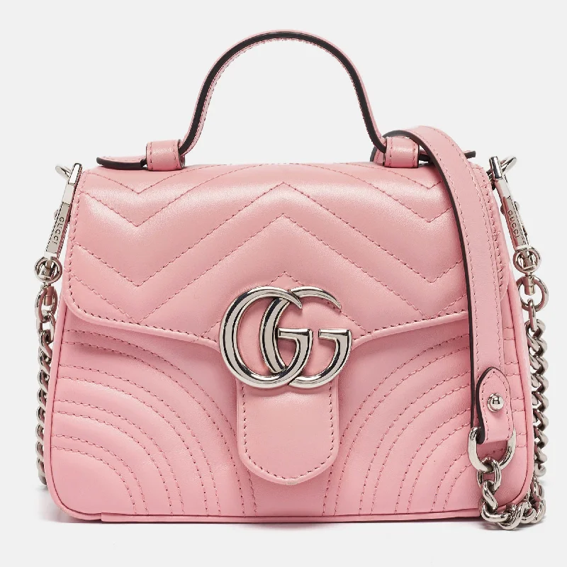 Handle bags with multi-color weaves for vibrancy -Gucci Pink Matelassé Leather Mini Gg Marmont Top Handle Bag