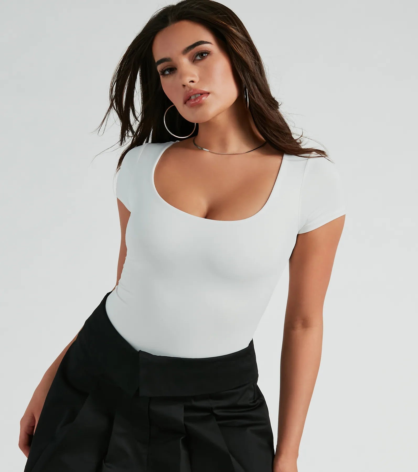 Tight off-shoulder knit top for women with cozy feel and stylish look-Smooth Silhouette Scoop Neck Short Sleeve Bodysuit