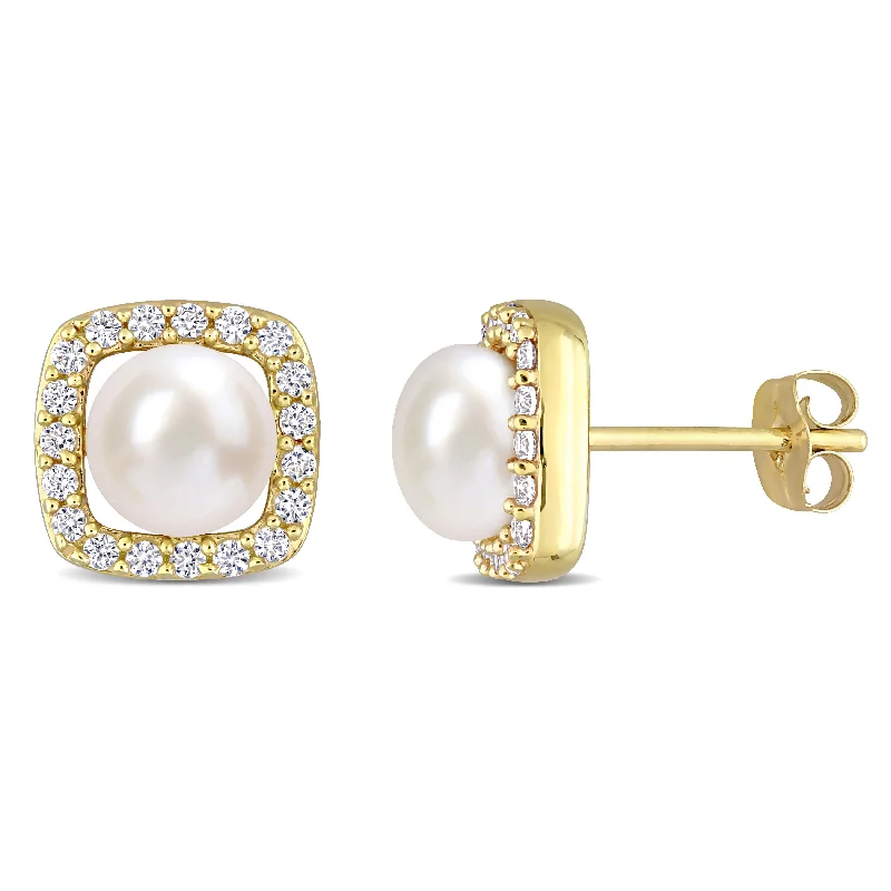 Drop Earrings for Festival Style -Mimi & Max 6-6.5mm Cultured Freshwater Pearl and 3/8ct TGW Created White Sapphire Halo Earrings in 10k Yellow Gold