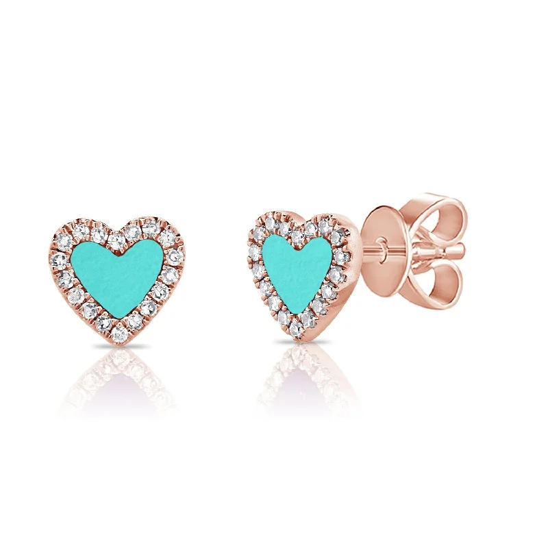 Retro Drop Earrings for Nostalgia -Joelle Collection Diamond & Turquoise Heart Studs Earrings 14K Gold 1/10ct TDW Earring's