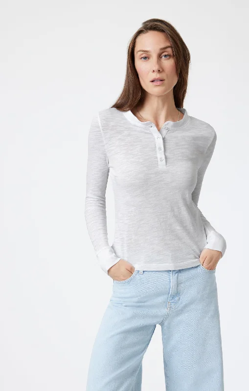 Travel Blouses for On the Go -HENLEY T-SHIRT IN SNOW GREY MELANGE