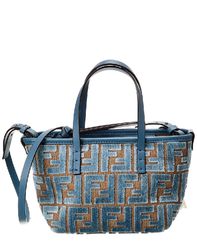 Handle bags with zipper tops for security -FENDI Roll Mini FF Jacquard Velvet & Leather Tote