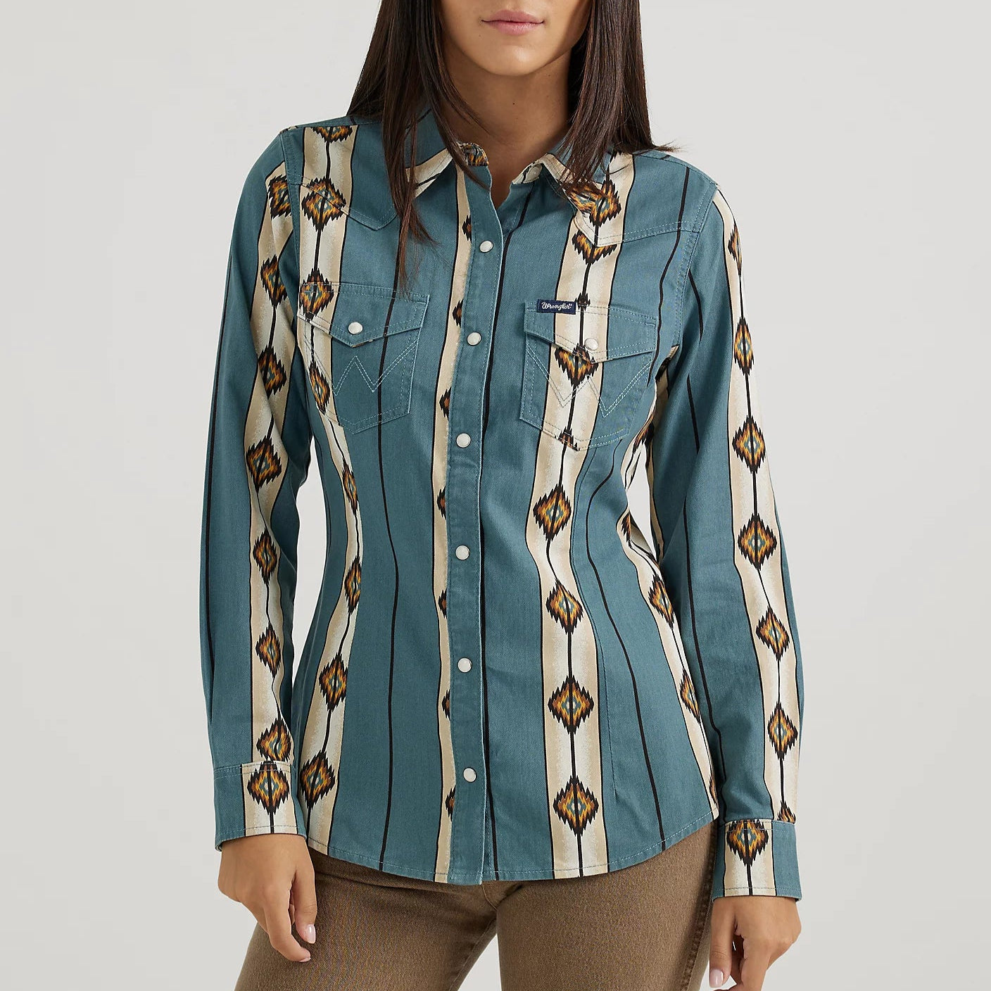 Linen Blouses for Breathable -Wrangler Retro Women's L/S Checotah Classic Western Snap Shirt in Teal