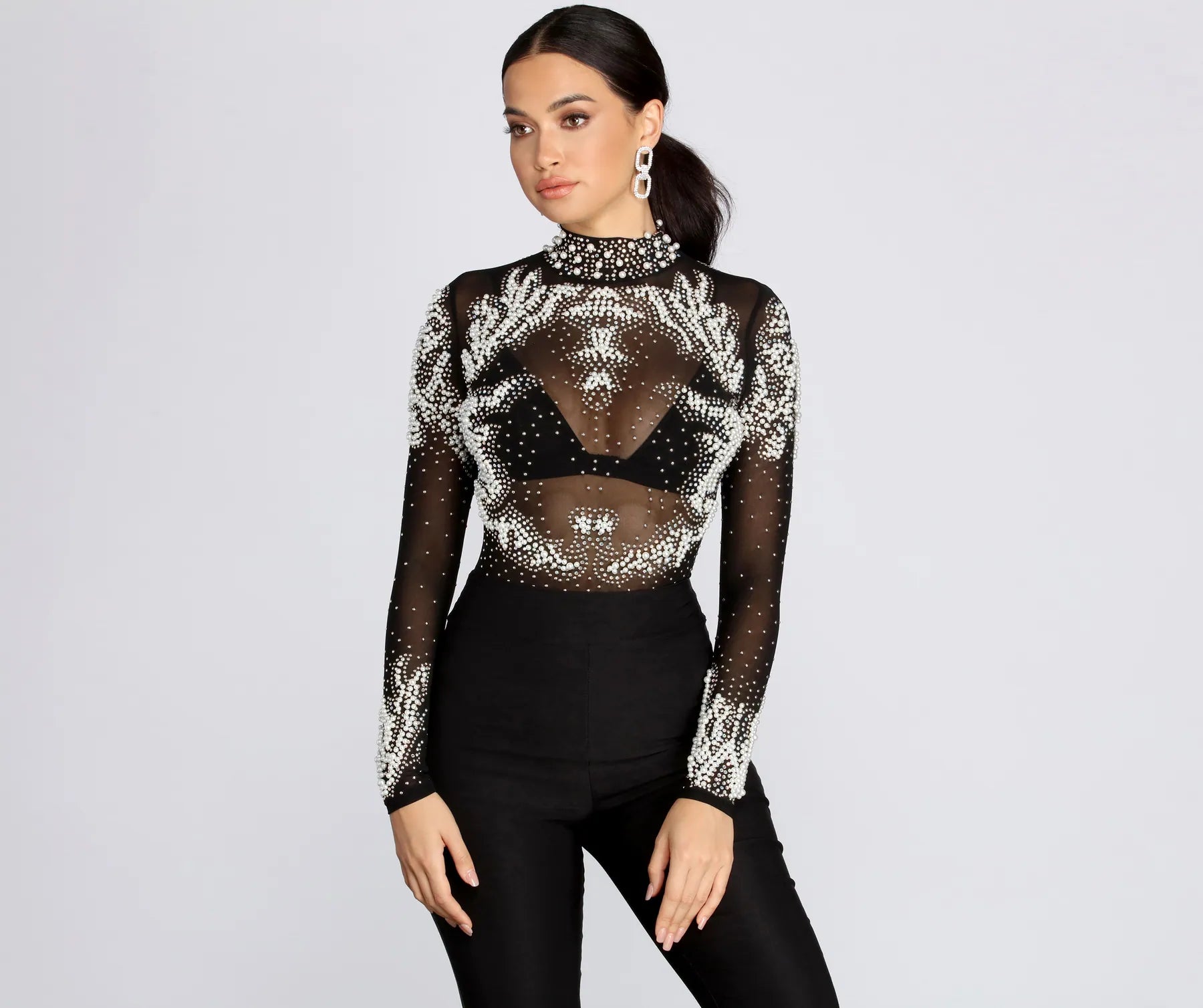 Comfortable tight top for women with round neck and fitted style-New Flame Hand-Beaded Mesh Bodysuit