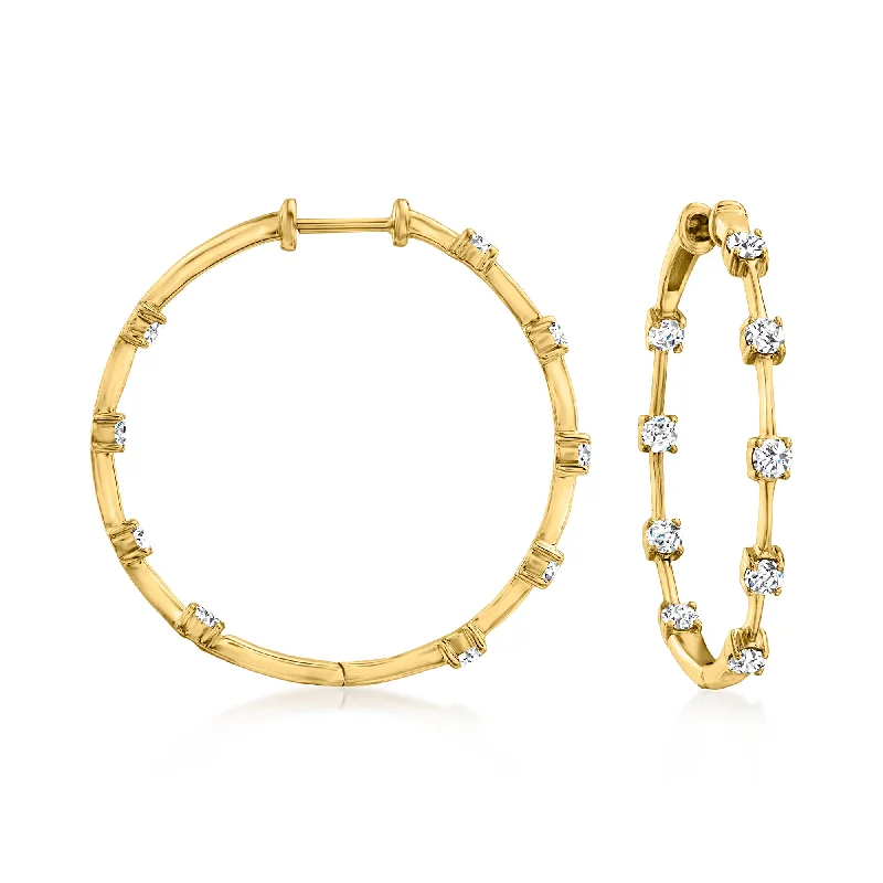 Short Drop Earrings for Subtle -Ross-Simons Diamond Inside-Outside Hoop Earrings in 14kt Yellow Gold