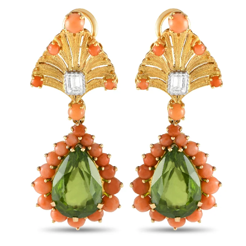 Drop Earrings with Infinity Symbols -Buccellati Buccelatti Vintage 18K Yellow Gold 0.65ct Diamond, Coral, and Peridot Clip-On Earrings BU12-112624