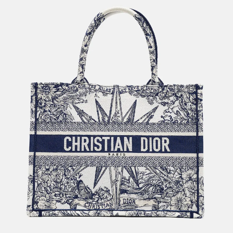 Handle bags with playful patterns for fun -Dior Navy Blue/white Canvas Medium Embroidered Rêve D'infini Book Tote