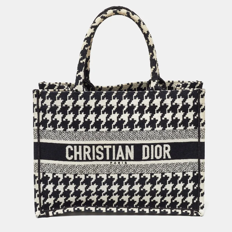 Handle bags with lightweight nylon for ease -Dior Black/white Embroidered Macro Houndstooth Canvas Medium Book Tote