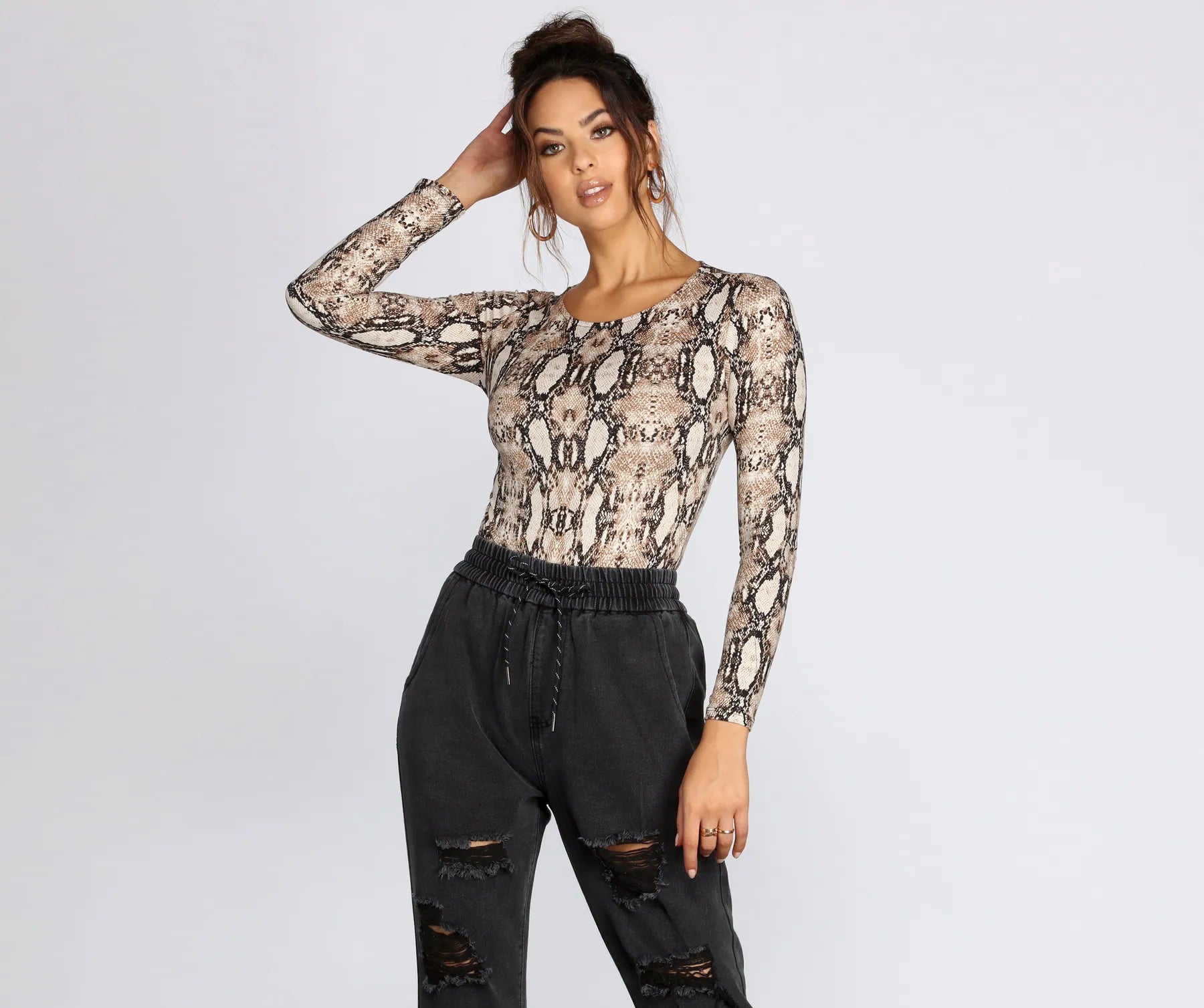 Soft cotton tight top for women with round neckline and casual appeal-Fierce And Fab Snake Print Bodysuit