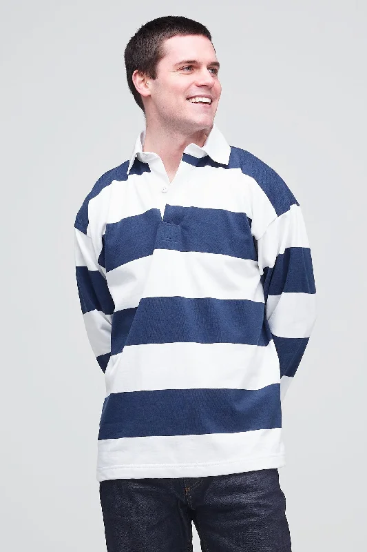 Tarnish Resistant Blouses for Long -Wide Striped Rugby Shirt - Navy/White