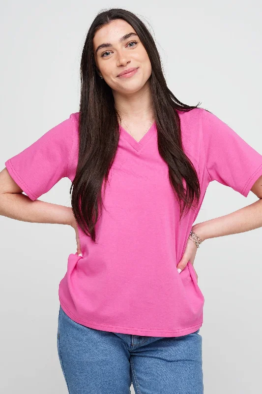 Clip On Blouses for Non Pierced -Women's V-Neck T Shirt - Fuchsia Pink