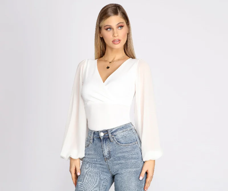 Cocktail Blouses for Event -Classic Chiffon Sleeve Wrap Front Blouse