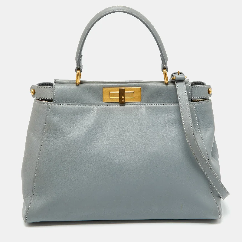 Handle bags with fun slogans for personality -Fendi Light Grey Leather Medium Peekaboo Top Handle Bag