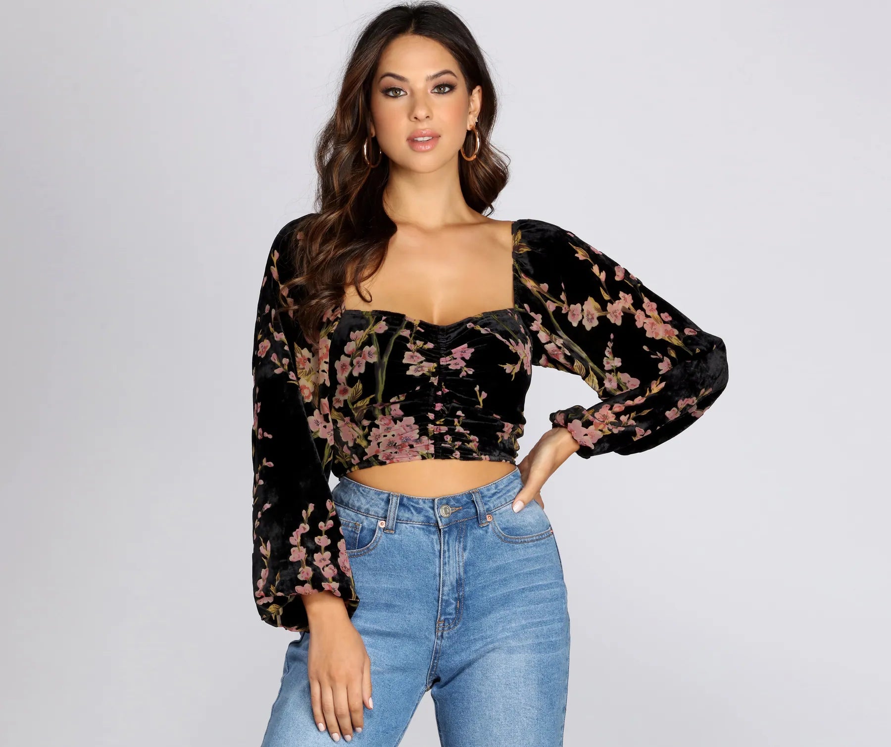 Clip On Blouses for Non Pierced -Floral Burnout Long Sleeve Blouse