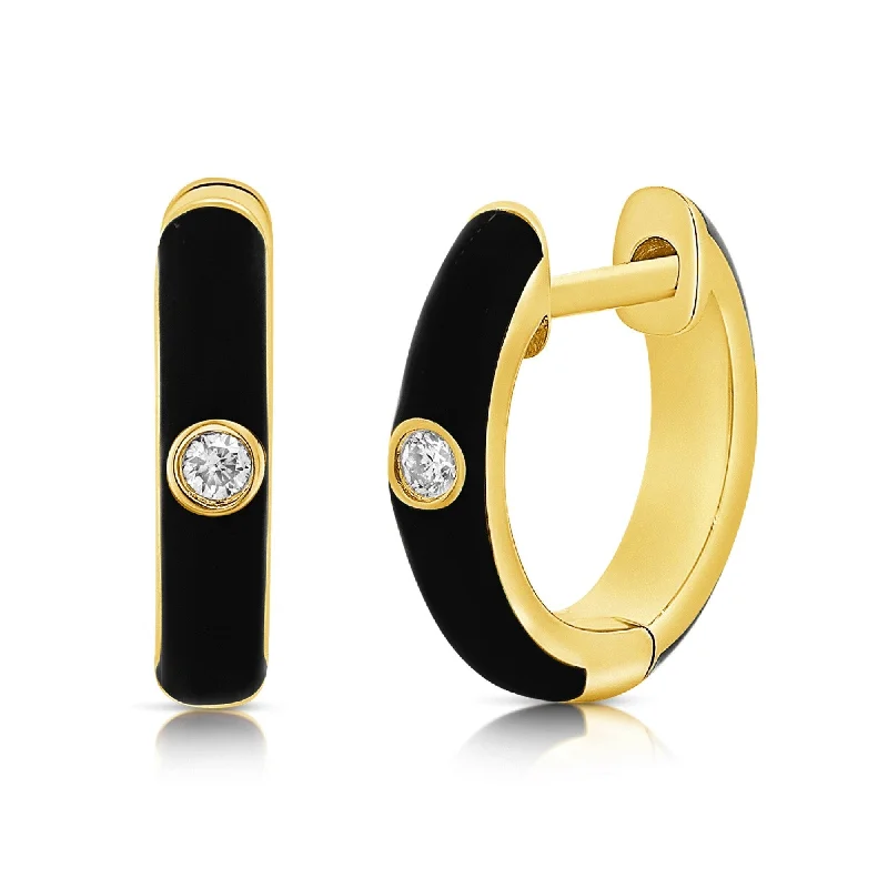 Maximalist Drop Earrings for Bling -Joelle Collection Diamond & Black Enamel Huggy Hoop Earrings 14K Gold