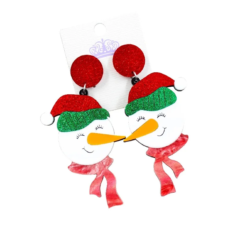 Drop Earrings with Debossed Designs -Wholesale 5pcs/pack Christmas Snowman Shiny Winter Acrylic Swing Earrings